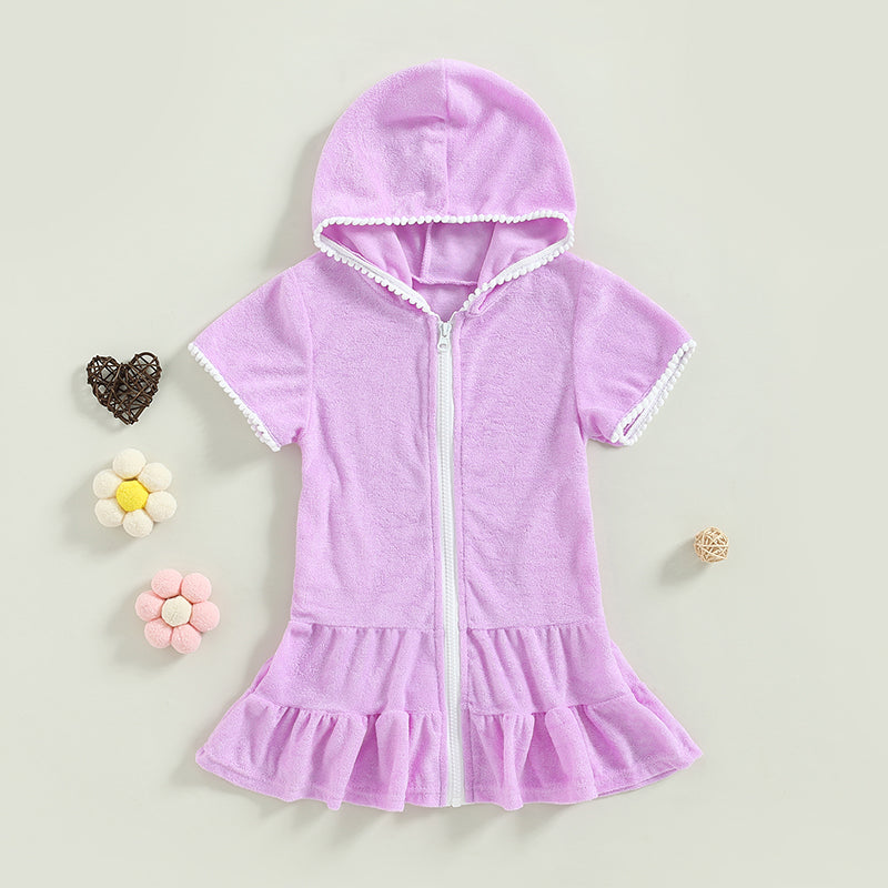 Toddler Kids Girls Swimwear Cover Up Dress Short Sleeve Zip Up Ruffles Solid Beach Dress for Kids
