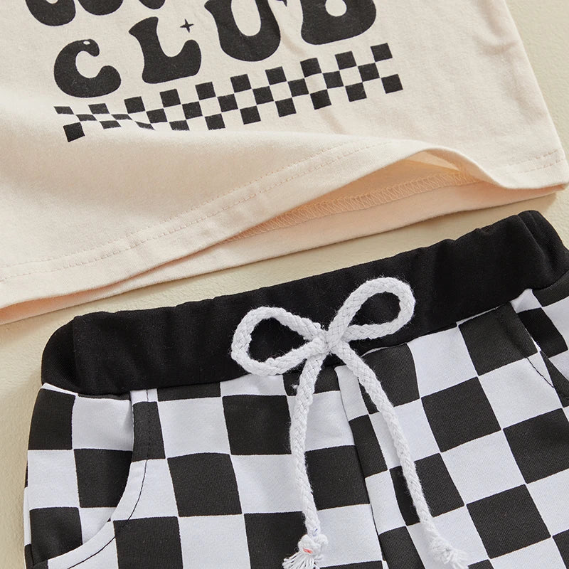 Baby Toddler Boy 2Pcs Cool Cousins Club Letter Print Top and Checkered Shorts Clothing Set Outfit