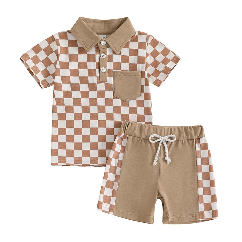 Baby Toddler Boys 2Pcs Set Short Sleeve Lapel Collar Checkered Print Top and Drawstring Shorts Outfit