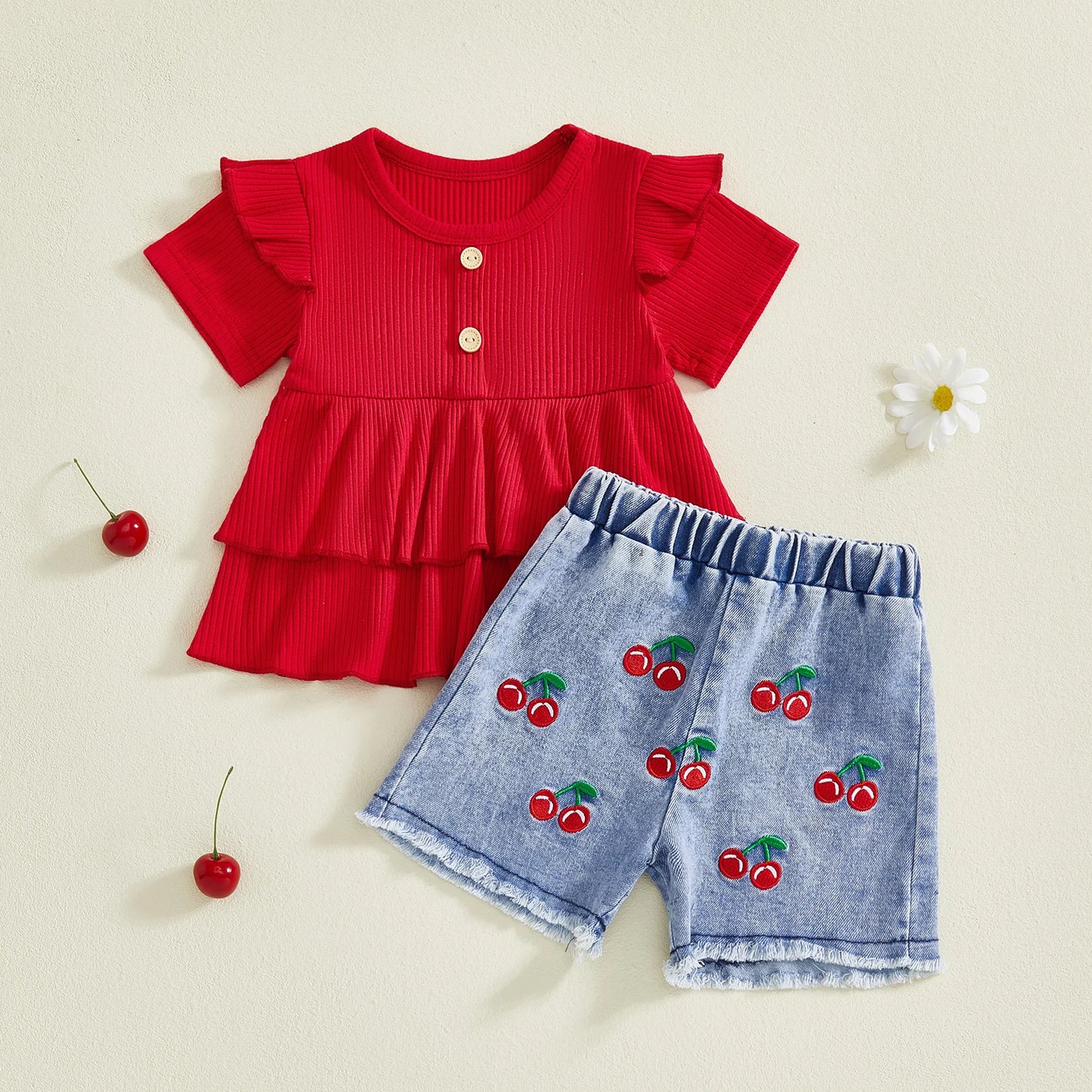 Baby Toddler Girls 2Pcs Outfit Fashionable Solid Color Short Sleeve Round Neck Babygirl Top and Cherry Print Shorts Set