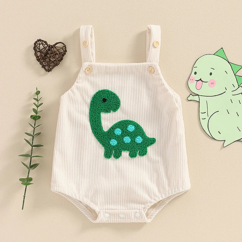 Baby Girls Boys Summer Romper Sleeveless Dinosaur Shark Rainbow Embroidery Button Ribbed Tank Top Overalls Romper