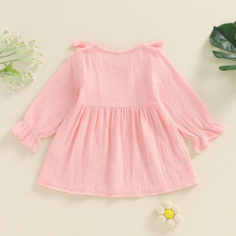 Baby Toddler Girls Autumn A-line Princess Poof Long Sleeve Crewneck Solid Color Button Dress