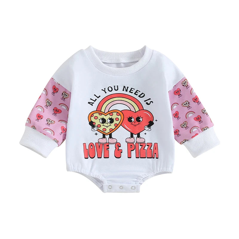 Baby Girls Bubble Romper Valentine's Day Heart Print Letters All You Need Is Love & Pizza Heart Long Sleeve Jumpsuit