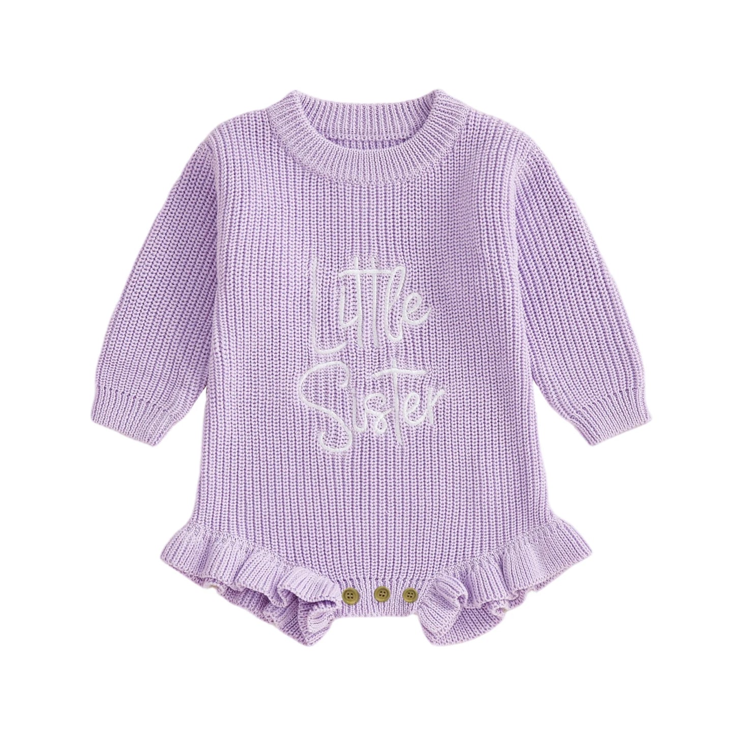 Baby Girl Sweater Romper Little Sister Long Sleeve Round Neck Letter Embroidery Knit Bodysuit