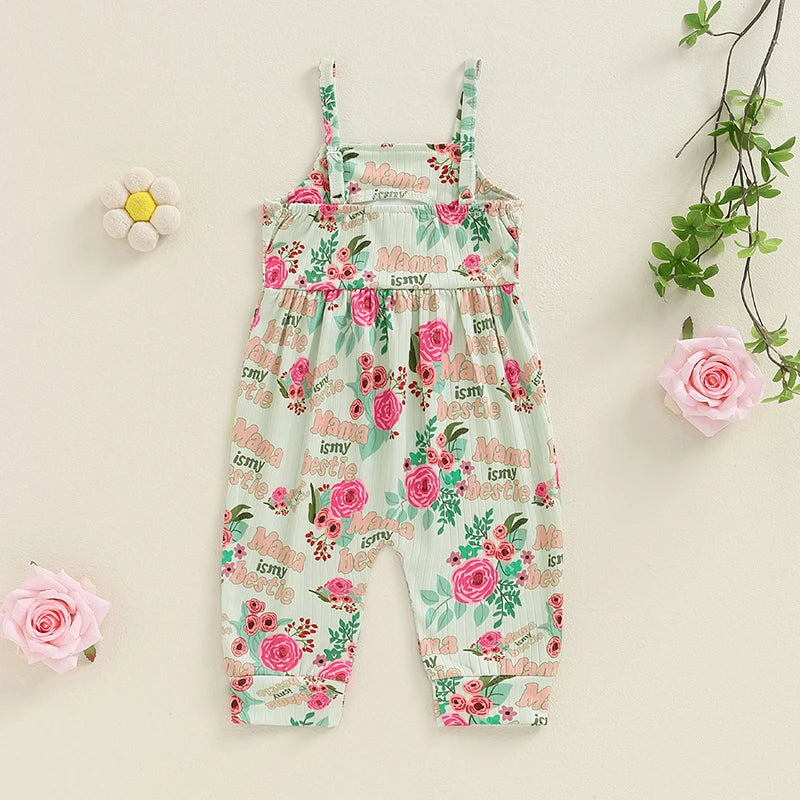 Baby Toddler Girls Mama's Mini / Mama Is My Bestie Summer Romper Overalls Casual Letters Floral Flowers Print Sleeveless Tank Jumpsuit