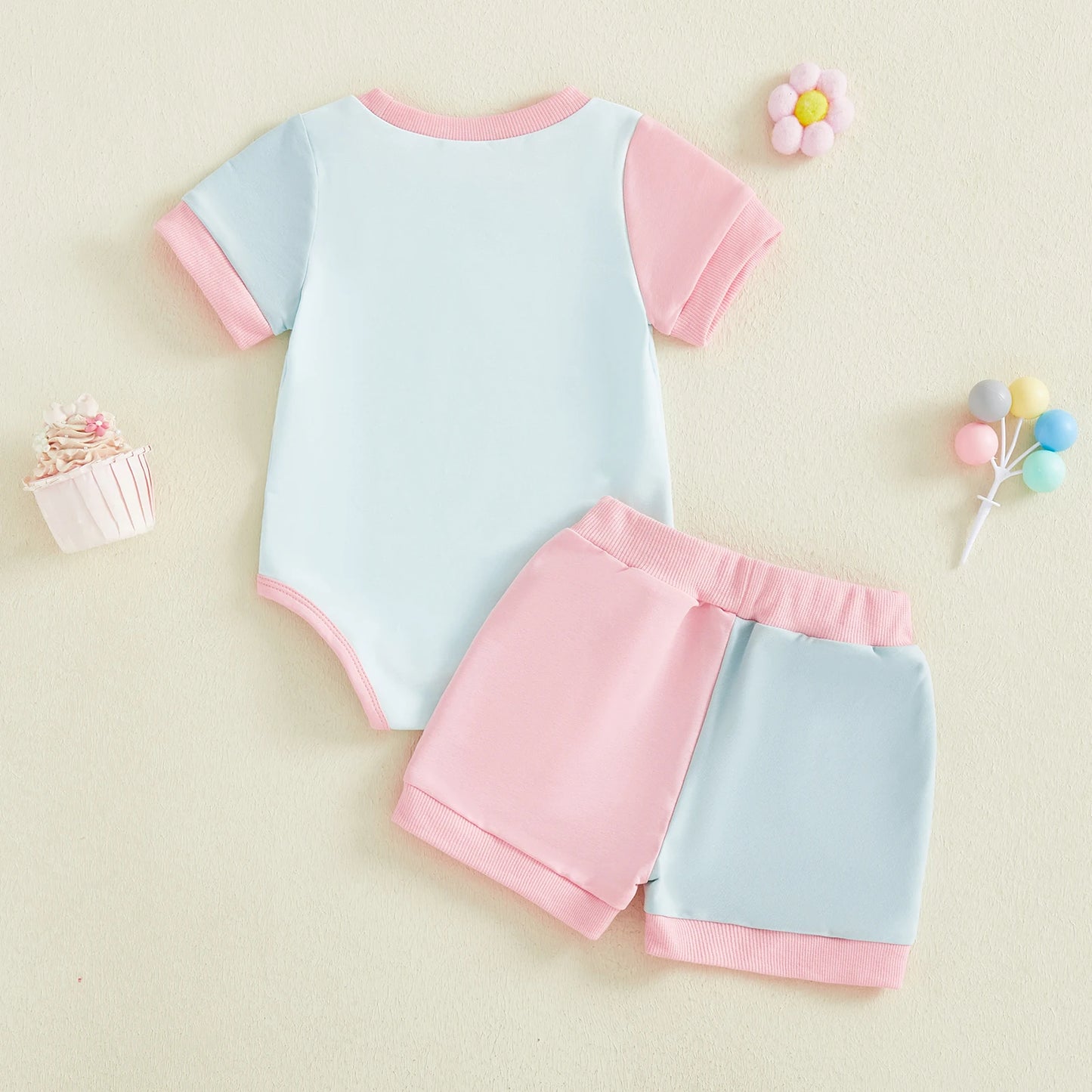 Baby Girls 2Pcs Summer Spring Shorts Set Short Sleeve O Neck Contrast Color Romper and Drawstring Shorts Outfit