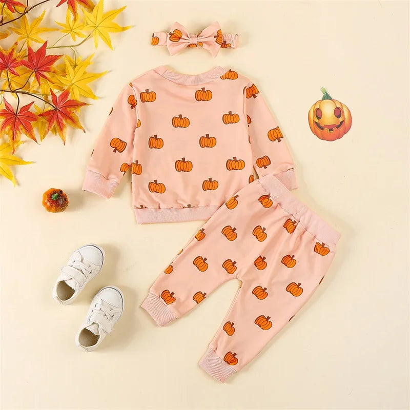 Baby Toddler Girls 3Pcs Halloween Outfit Pumpkin Print Long Sleeve Top Long Pants Headband Fall Set