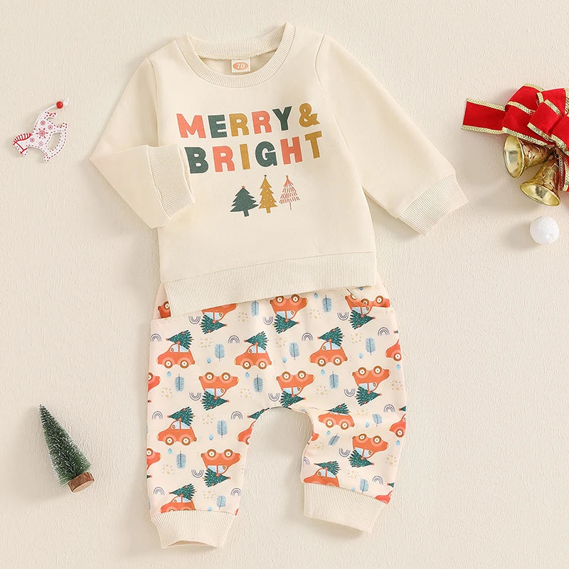 Baby Toddler Boys Girls 2Pcs Merry & Bright Christmas Outfit Letter Tree Print Crew Neck Long Sleeve Top Pants Set