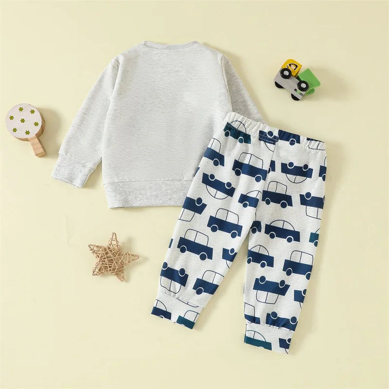 Baby Toddler Boys 2Pcs Outfit Car Tractor Embroidery Long Sleeve Pullover Crewneck Top Elastic Waist Pants Jogger Set