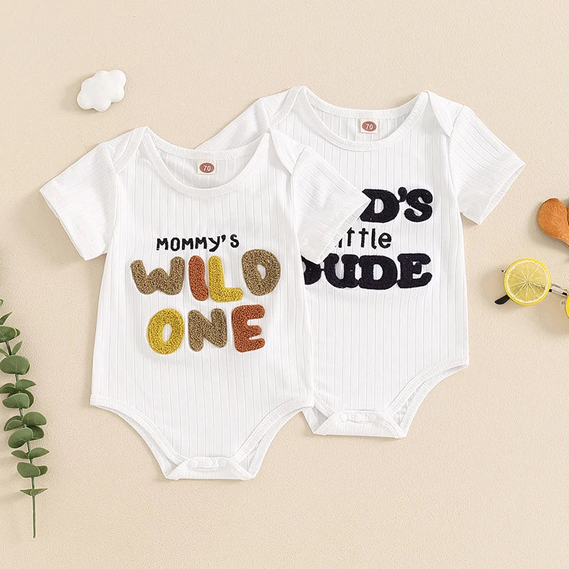 Baby Girls Boys Mommy's Wild One / Dad's Little Dude Ribbed Romper Letter Embroidery Round Neck Short Sleeve Jumpsuit