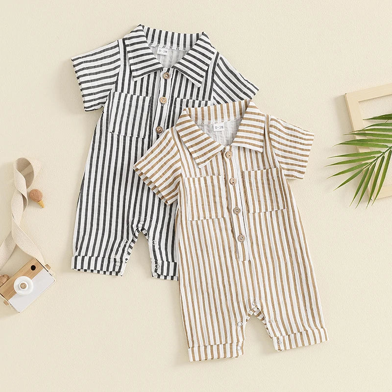 Baby Boy Striped Romper Short Sleeve Front Pocket Single-breasted Button Collar Legs Jumpsuit