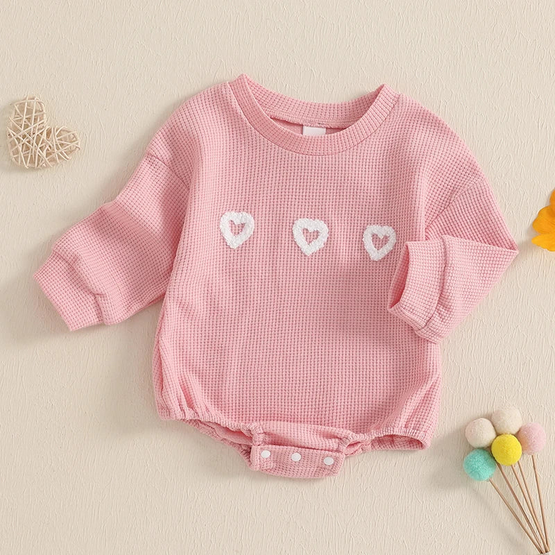 Baby Toddler Girls Waffle Romper Heart Valentines Embroidery Long Sleeve Jumpsuits Valentine's Day