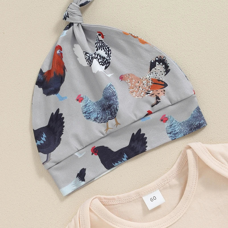 Baby Boys Girl 3Pcs Free Range Outfit Hen Chicken Print Short Sleeve Romper with Pants and Hat Set