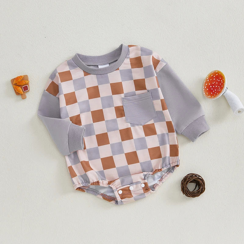 Baby Girl Boy Checkered Bubble Romper Casual Plaid Print Long Sleeve Jumpsuit