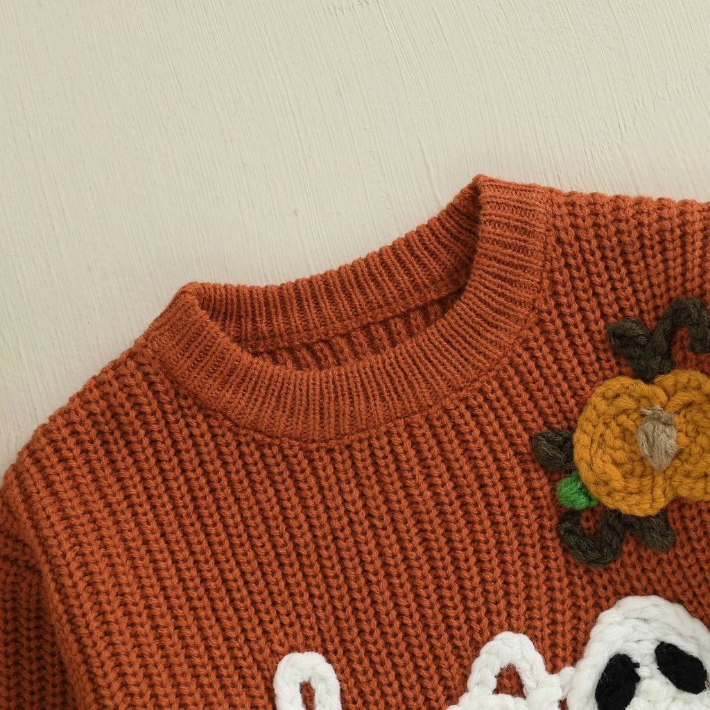 Baby Toddler Boys Girls Halloween Sweater Boo Letter Ghost Embroidery Long Sleeve Crew Neck Knitwear Pullover Top