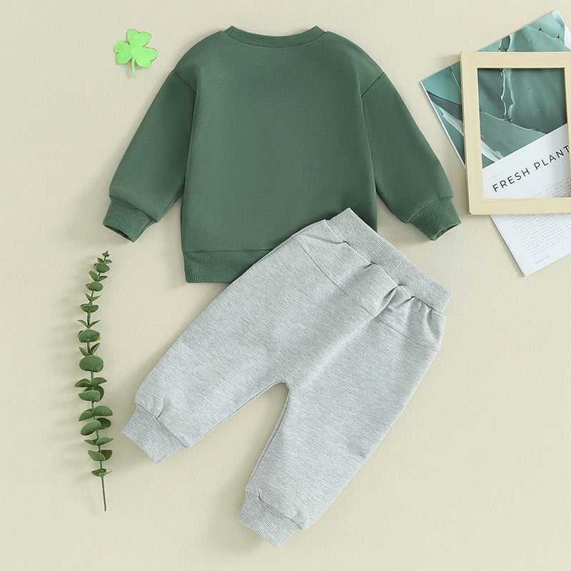 Baby Toddler Boys Girls 2Pcs Irish St. Patrick's Day Outfit Sets Long Sleeve Letter Lucky Leaf Clover Embroidery Top + Drawstring Pants