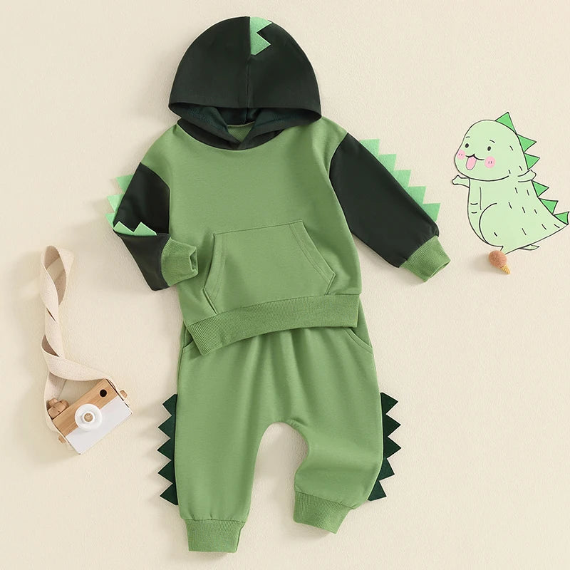 Baby Toddler Boys 2Pcs Dinosaur Outfit Contrast Color Long Sleeve Hoodie Top Elastic Waist Pants Set