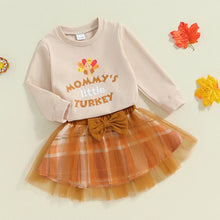 Load image into Gallery viewer, Baby Toddler Girls 2Pcs Mommy&#39;s Little Turkey Outfit Long Sleeve Letter Print Crewneck Top with Plaid Tulle TuTu Skirt Thanksgiving Clothes Set
