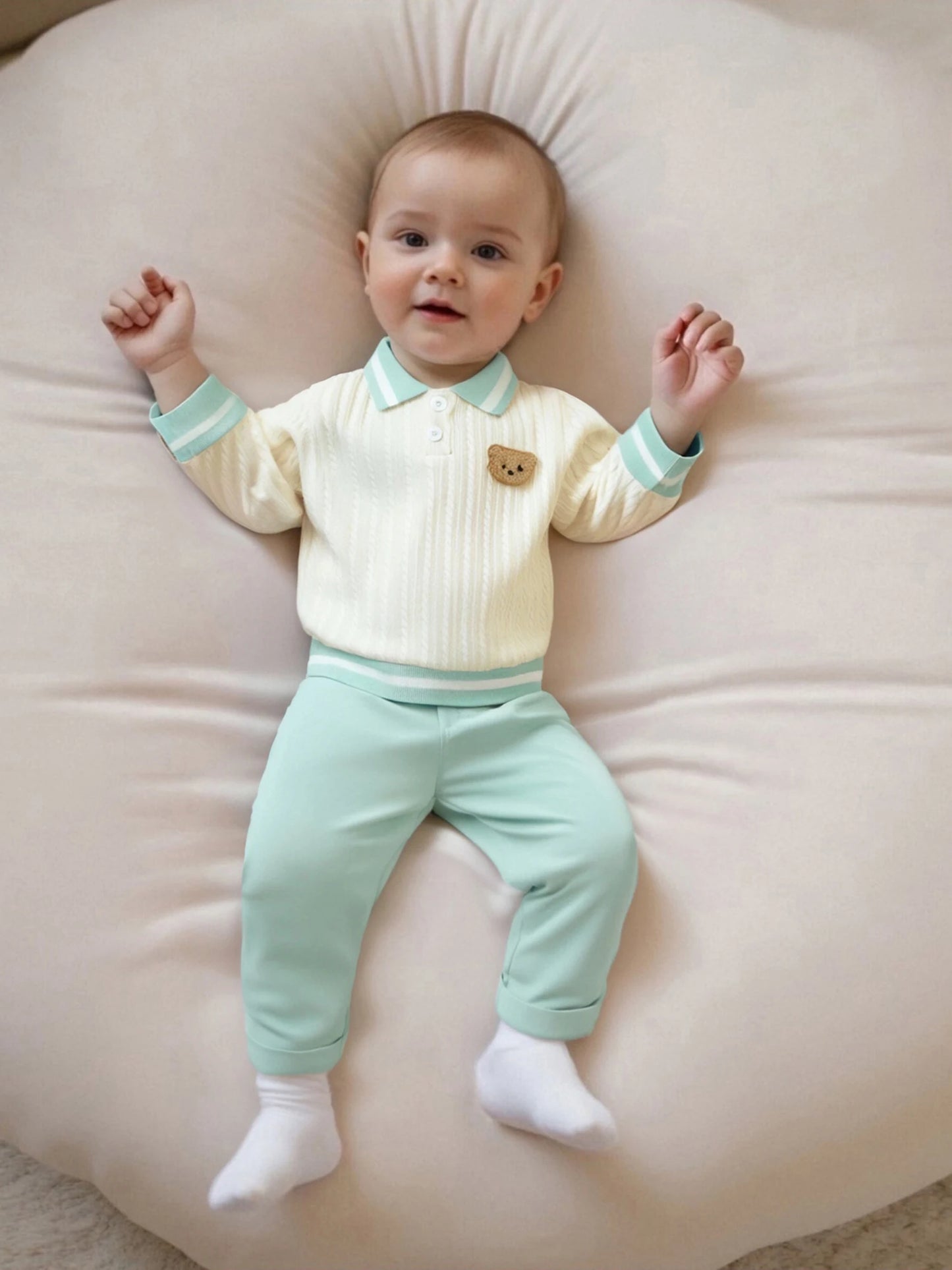 Baby Toddler Boys 2Pcs Fall Outfit Long Sleeve Bear Embroidery Lapel Top + Pants Set