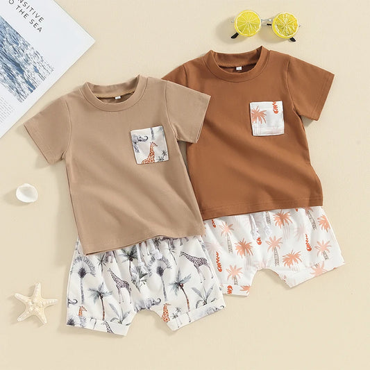 Baby Toddler Boys 2Pcs Summer Outfits Animal Elephant Giraffe Plam Tree Print Short Sleeve Top and Elastic Shorts Vacation Clothes Set