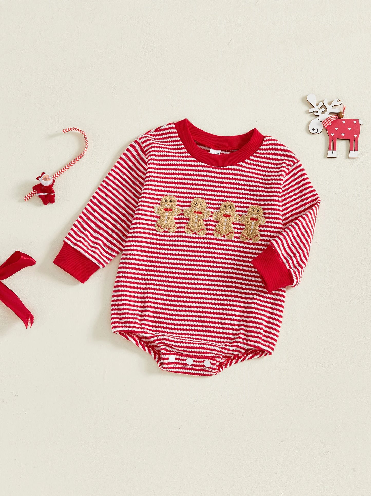 Baby Girls Boys Striped Romper Fashionable Christmas Gingerbread Embroidery Round Neck Long Sleeve Jumpsuit