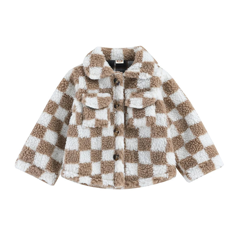 Baby Toddler Girls Plaid Checkered Fleece Coat with Turn-Down Collar Long Sleeves Button-Down Closure and Sherpa Lining - Stylish Winter Outerwear