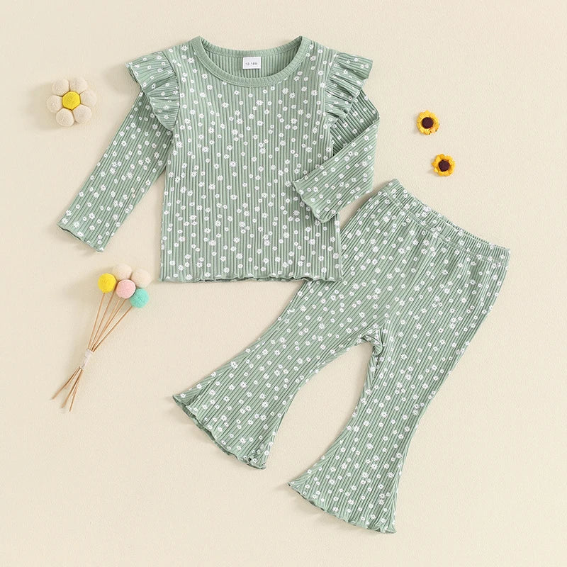 Toddler Kids Girls 2Pcs Fall Outfit Ruffle Flower Print Long Sleeve Top + Flare Pants Set