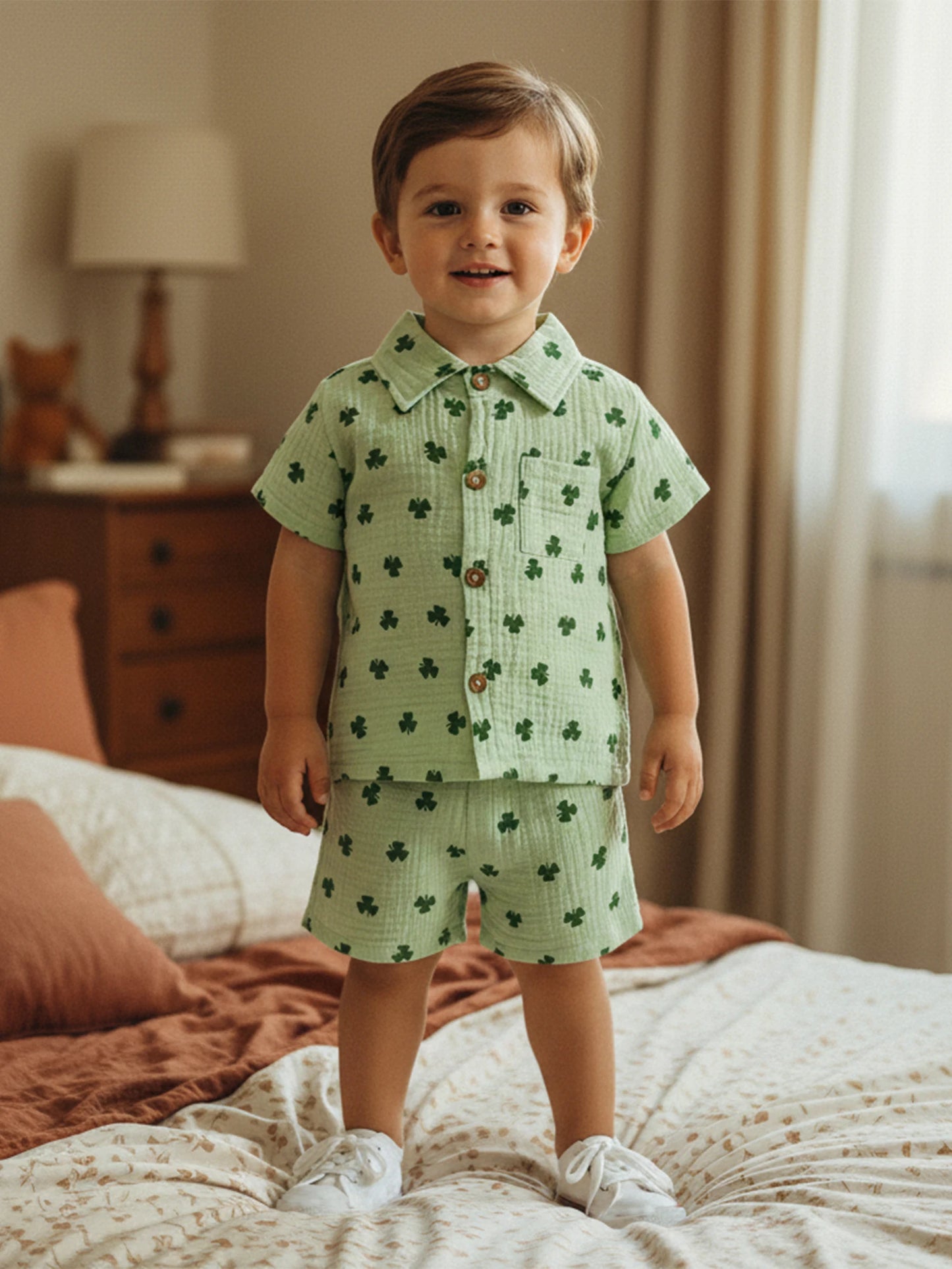 Baby Toddler Boys 2Pcs Spring St. Patrick's Day Set Shamrock Print Short Sleeve Lapel Button Down Shirt Shorts Outfit