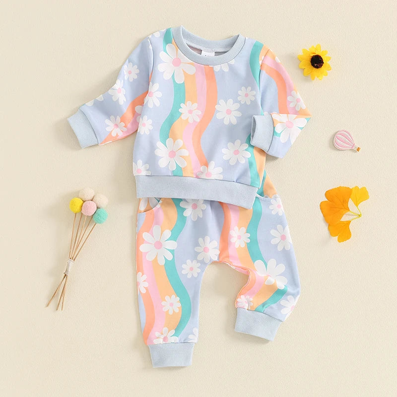 Baby Toddler Girls 2Pcs Fall Outfit Striped Daisy Flower Print Long Sleeve Top and Elastic Pants Set