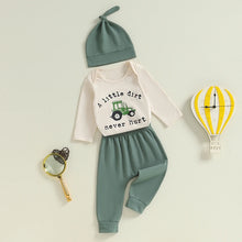 Load image into Gallery viewer, Baby Boys 3Pcs A Little Dirt Never Hurt Fall Outfit Letter Tractor Print Long Sleeve Romper and Elastic Pants Beanie Hat Set
