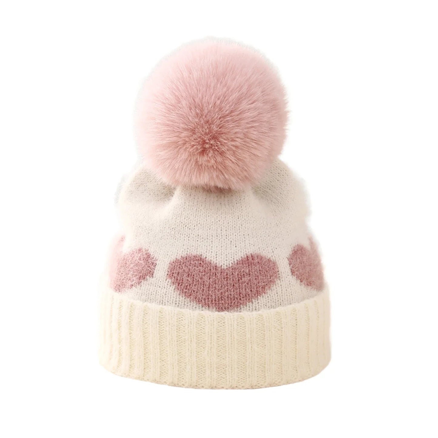 Baby Girl Winter Hat Cute Heart Pattern Plush Pom Pom Knit Beanie Warm