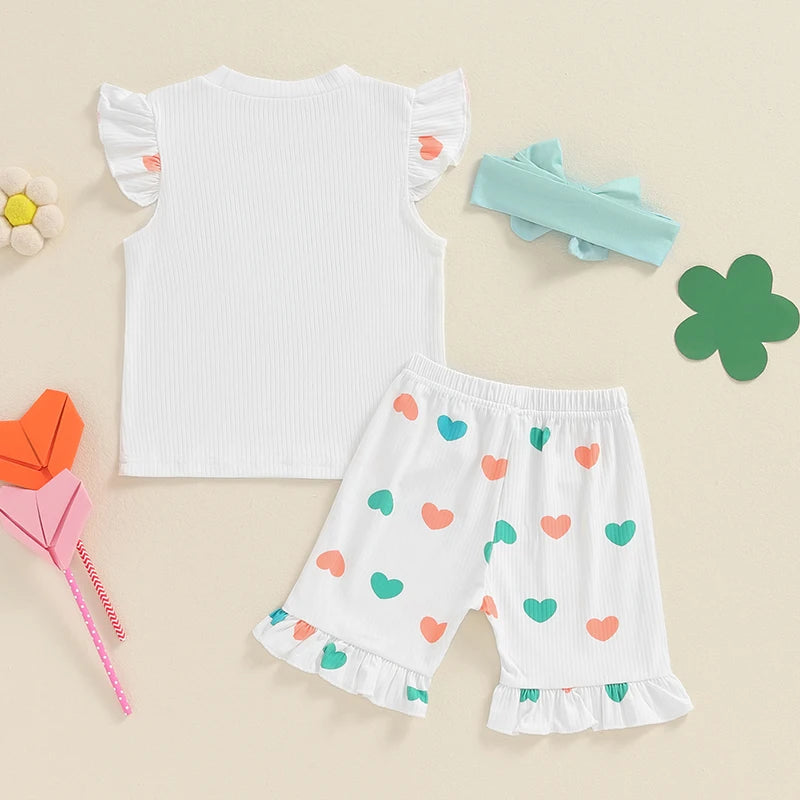 Baby Toddler Girls 3Pcs Summer Outfit Heart Patch Fly Sleeve Ribbed Top Heart Print Ruffle Shorts Headband Set