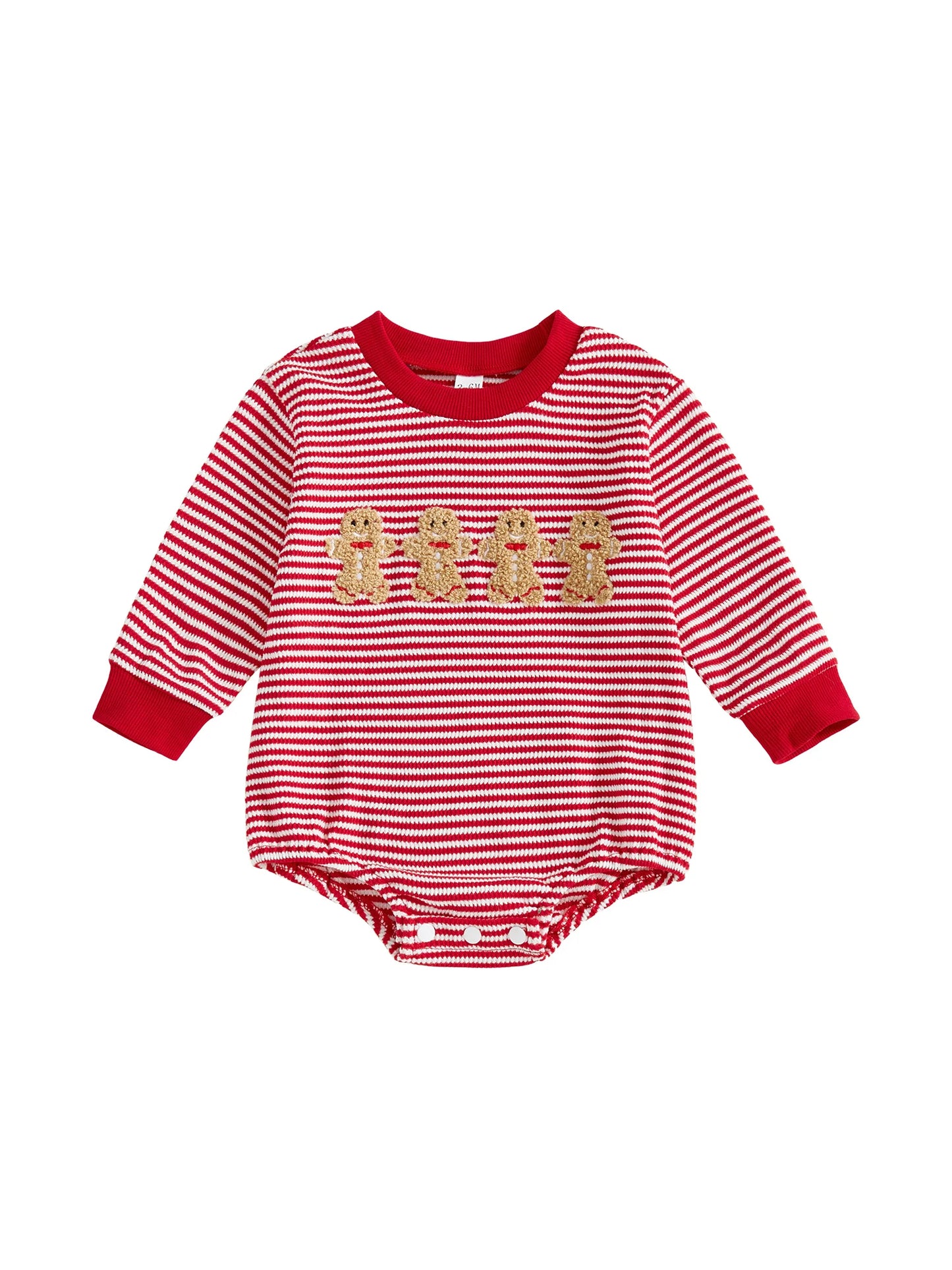 Baby Girls Boys Striped Romper Fashionable Christmas Gingerbread Embroidery Round Neck Long Sleeve Jumpsuit