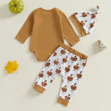 Load image into Gallery viewer, Baby Boys Girls 3Pcs Fall Gobble Thanksgiving Outfit Long Sleeve Letter Print Romper Turkey Print Pants Hat Set
