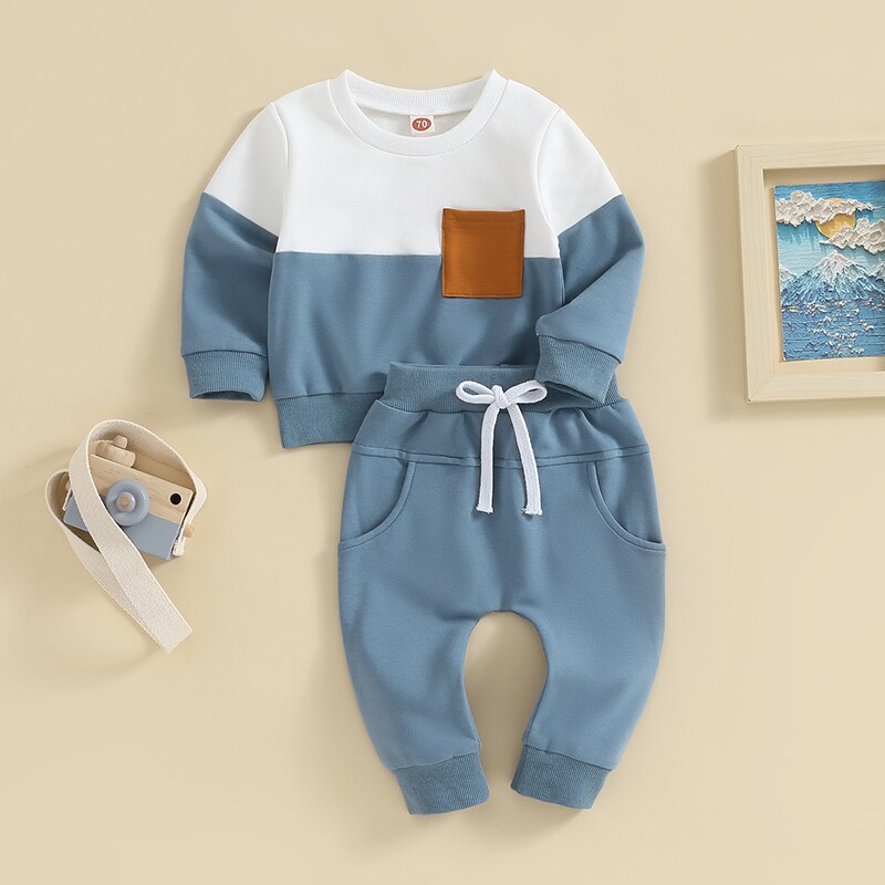 Baby Toddler Boys Girls 2Pcs Fall Outfits Contrast Color Pocket Long Sleeve Top Solid Long Pants Clothes Set