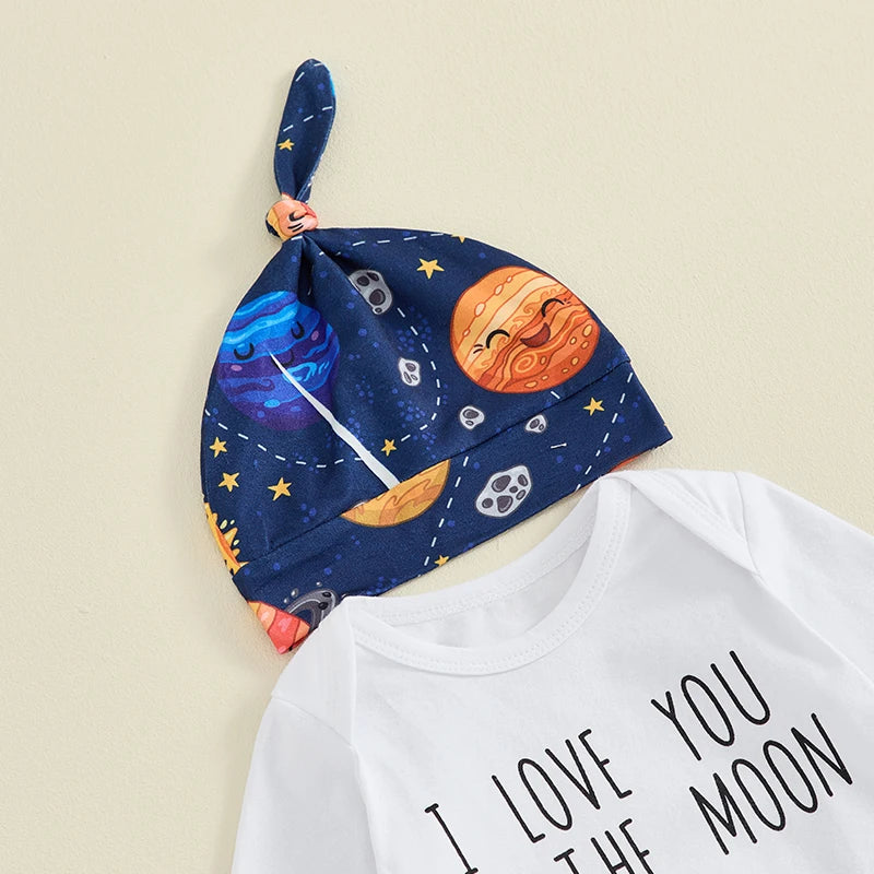 Baby Boys Girls 3Pcs Outfit I Love You To The Moon Long Sleeve Letter Print Romper Planets Print Pants Hat Set