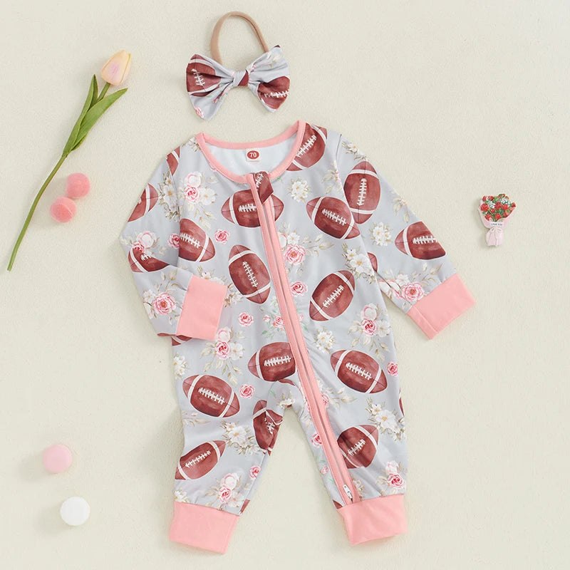 Baby Girl 2Pcs Fall Outfit Long Sleeve Football Flower Print Jumpsuit Zipper Romper with Headband Bow Set