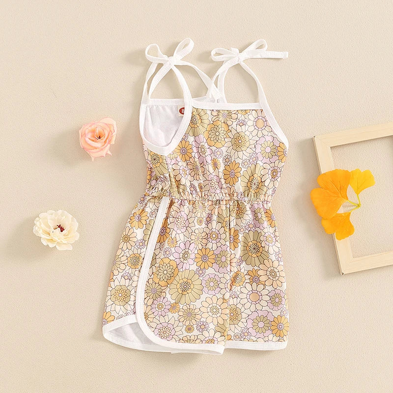 Baby Toddler Girls Summer Jumpsuit Sleeveless Tie Strap Tank Top Elastic Waist Floral Flower Print Romper Shorts Playsuit