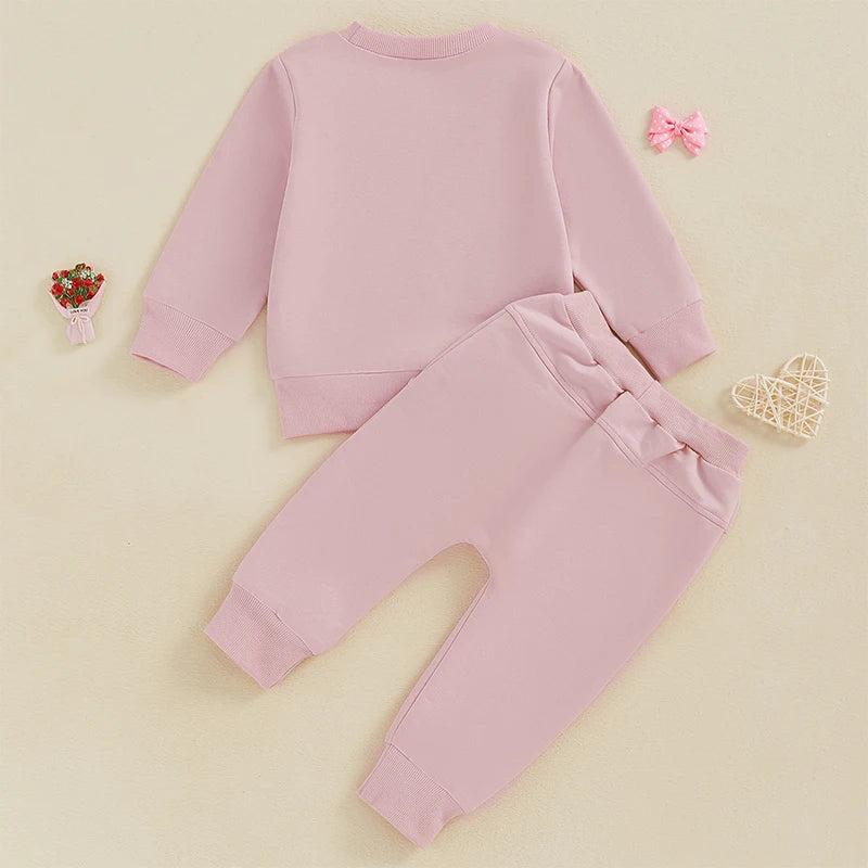 Baby Toddler Girls 2Pcs It's Me Hi I'm The Present It's Me Valentine's Day Outfit Bow Letter Print Crew Neck Long Sleeve Top Long Pants Valentines Jogger Set