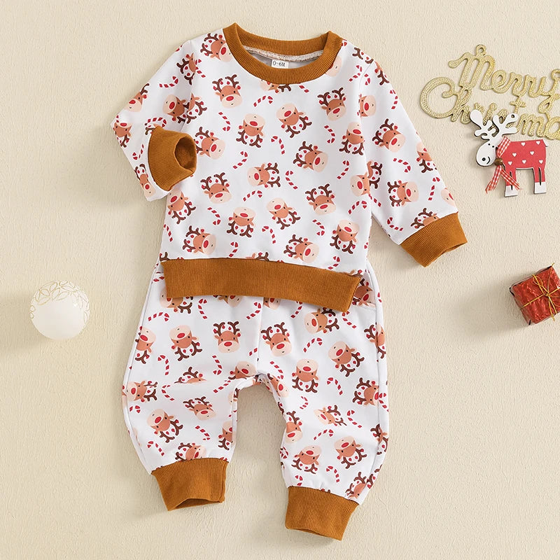 Baby Toddler Boys Girls 2Pcs Christmas Jogger Set Cartoon Reindeer Print Long Sleeve Crew Neck Top with Elastic Waist Pants Outfit