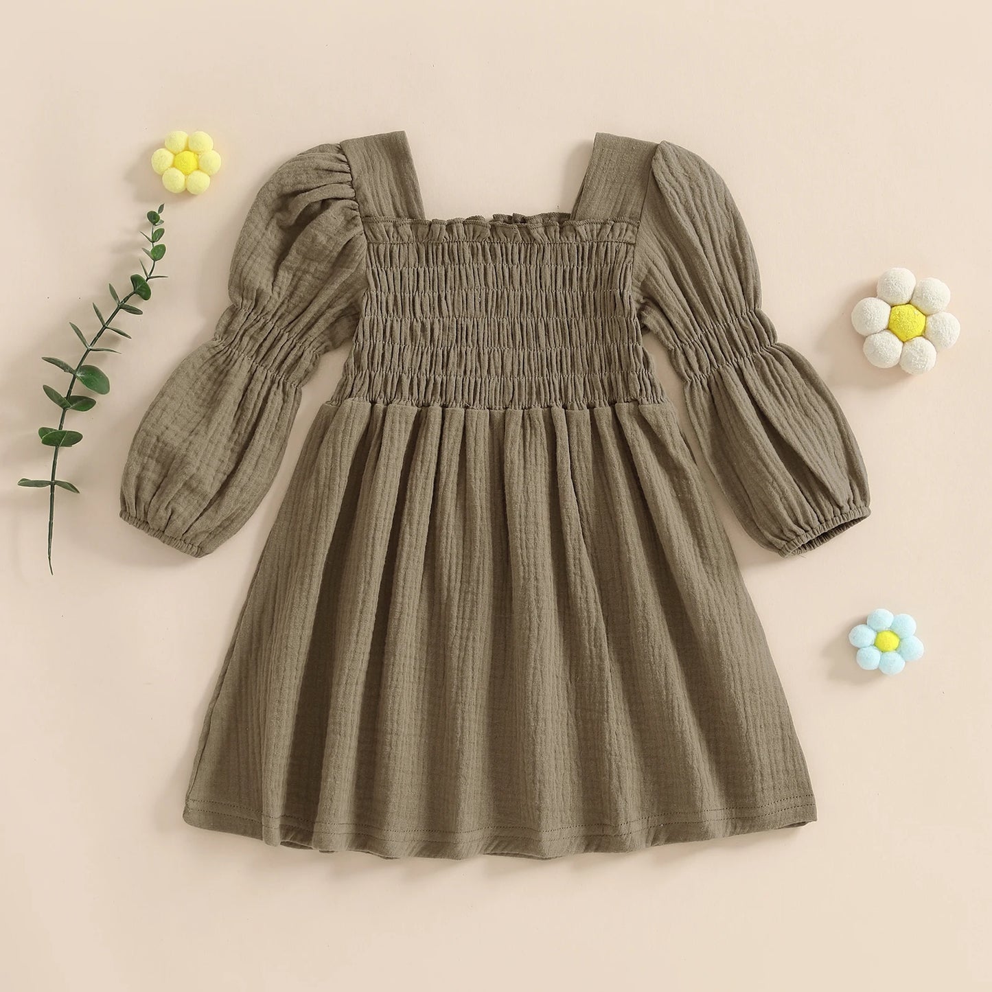 Baby Toddler Girl Bubble Sleeve Dress Stylish Solid Smocked Square Neck Long Sleeve A Line Dress