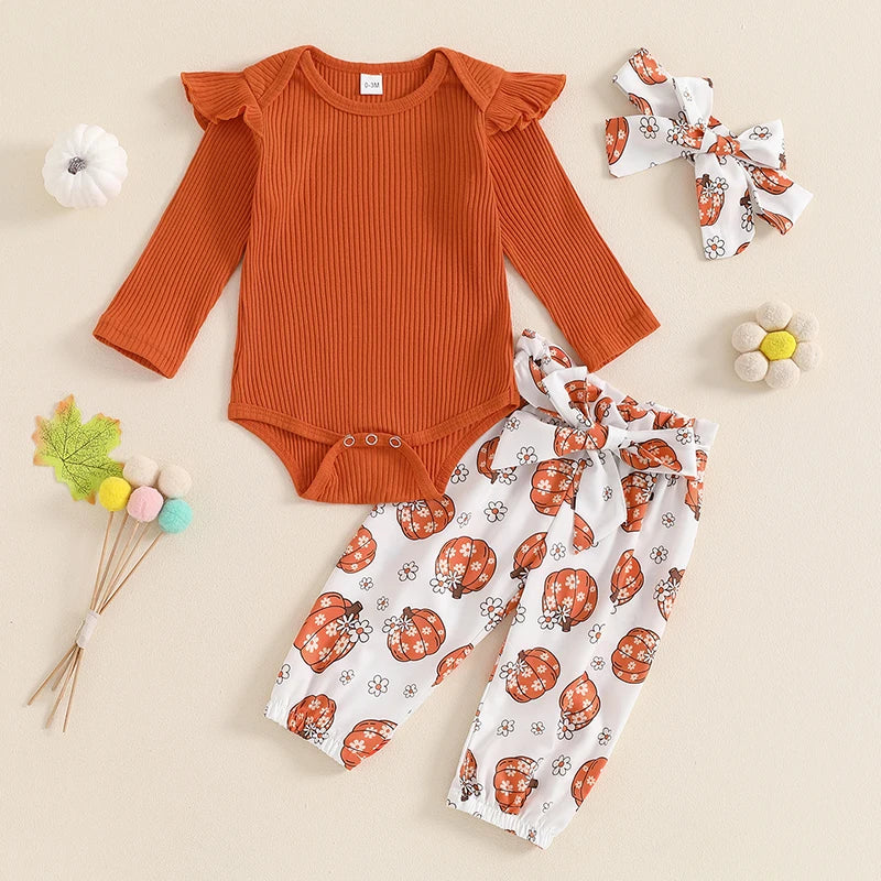 Baby Girls 3Pcs Halloween Outfit Ribbed Long Sleeve Frill Sleeve Romper and Elastic Pumpkin Flower Print Pants Headband Set