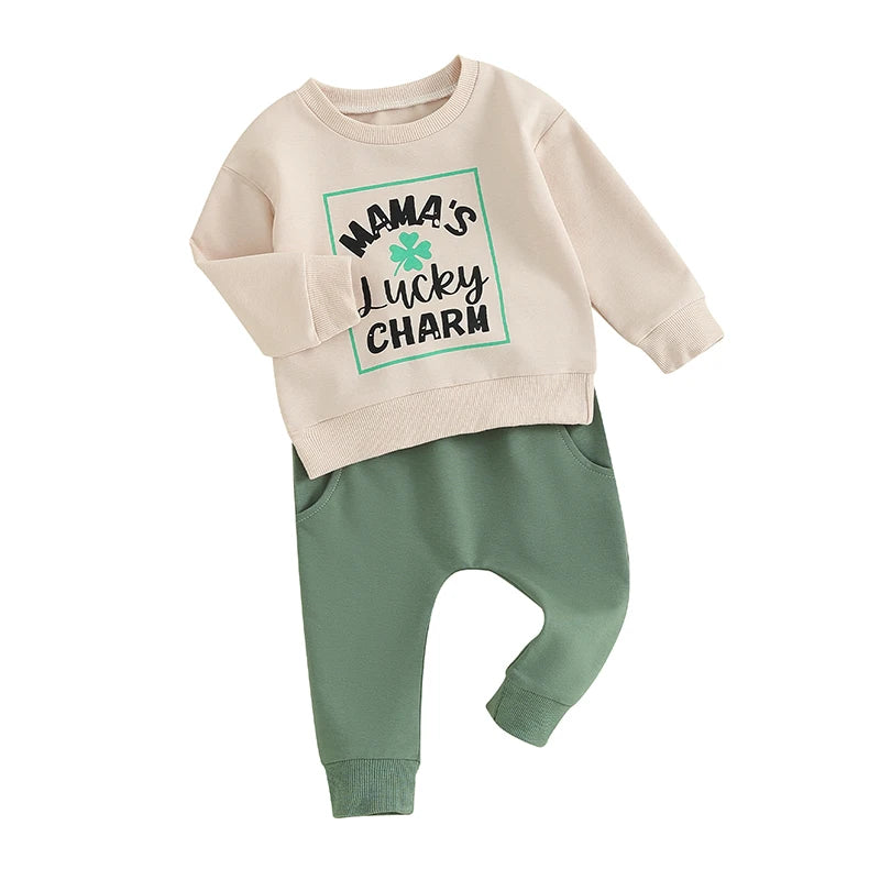 Toddler Baby Boy 2Pcs St. Patrick's Day Outfit Long Sleeve Clover Mama's Lucky Charm Letter Top Pant Set