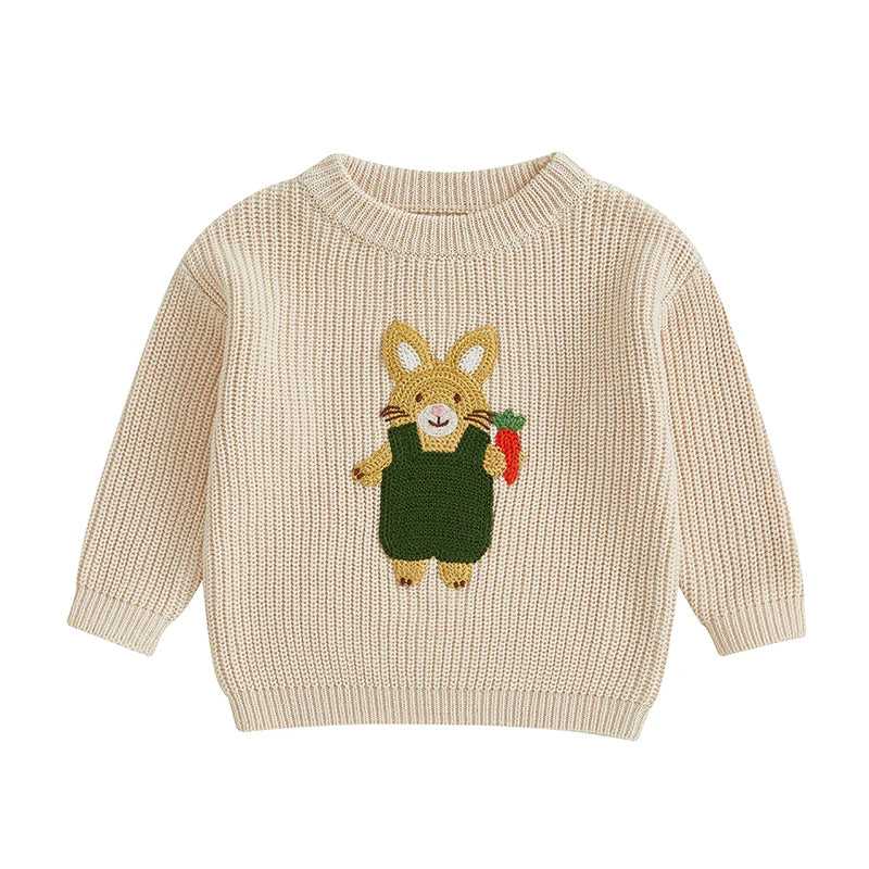 Baby Toddler Kids Girls Boys Pullover Sweater Casual Long Sleeve Easter Bunny Rabbit Embroidery Knitwear Knit Top