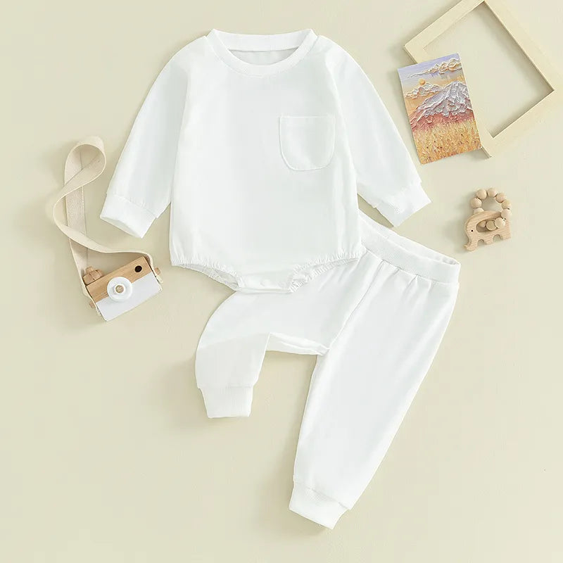 Baby Fall Outfits Girl Boy 2Pcs Solid Color Crewneck Pocket Oversized Long Sleeve Romper Pants Set