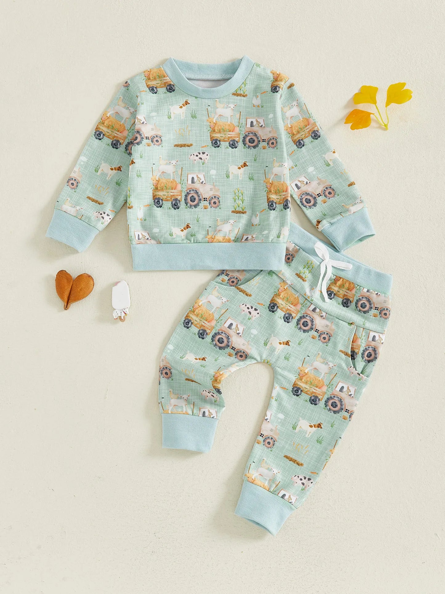 Baby Toddler Boys 2Pcs Fall Outfit Farm Animal/Tractor Print Long Sleeve Top and Elastic Pants 2Piece Clothes Jogger Set