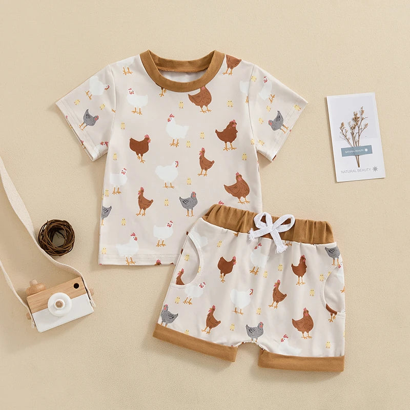 Baby Toddler Boy 2Pcs Farm Outfit Cartoon Animal Chicken Cow Print Short Sleeve Top with Elastic Waist Shorts Set