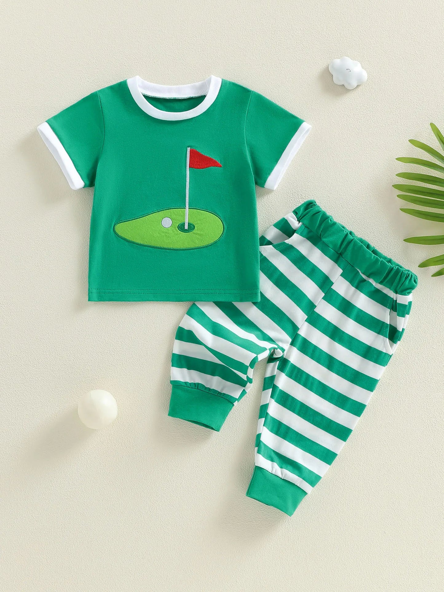 Baby Toddler Boys 2Pcs Outfit Short Sleeve Crew Neck Embroidery Golf Court T-shirt Top with Striped Pants Summer Outfit