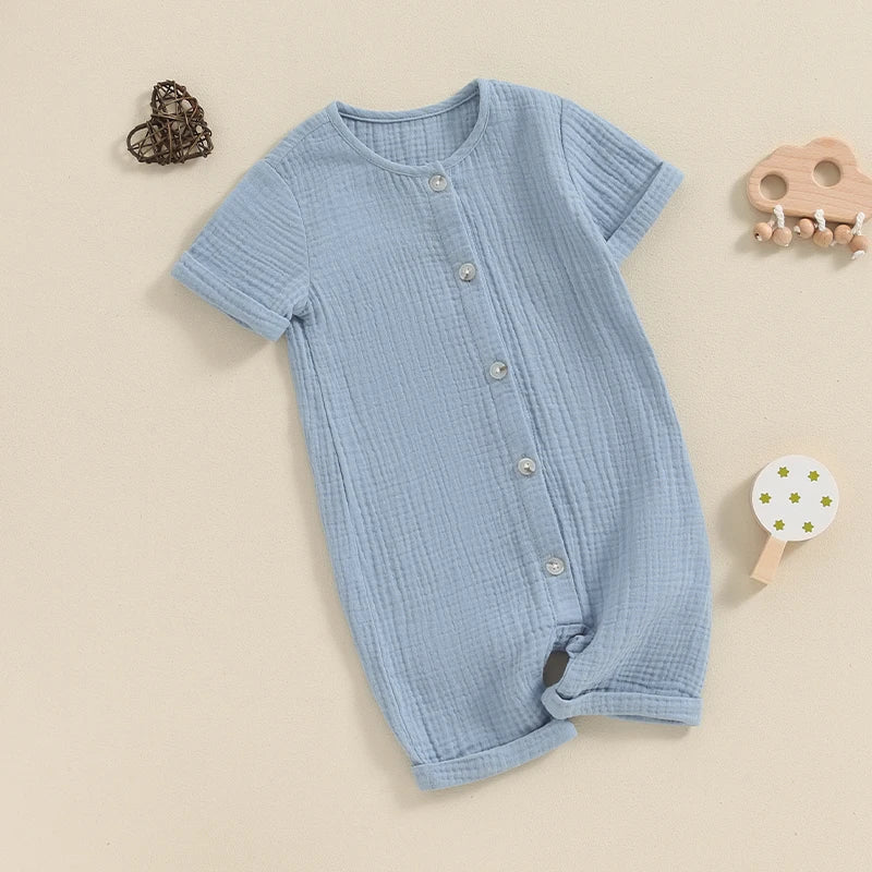 Baby Boys Girls Summer Short Sleeve Romper Solid Color Front Button Jumpsuit