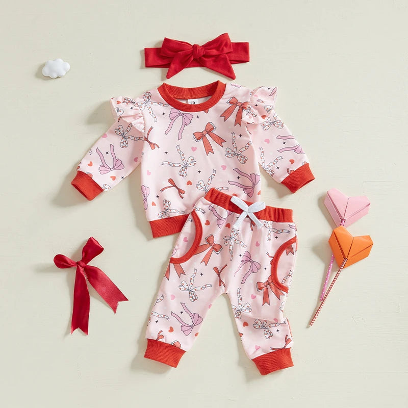 Baby Toddler Girls 3Pcs Valentine's Day Outfit Bow Heart Print Long Sleeve Crewneck Top with Pants Headband Jogger Set